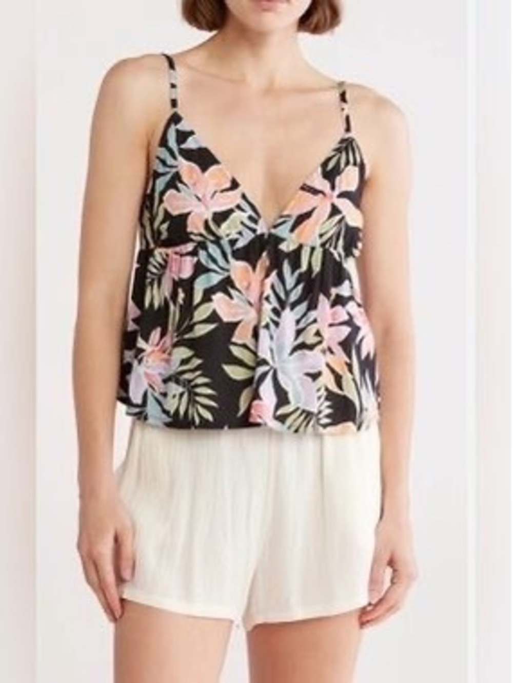 Billabong Carefree Cami Large Black Tropical Floral V Neck Smocked Crop Top NWT